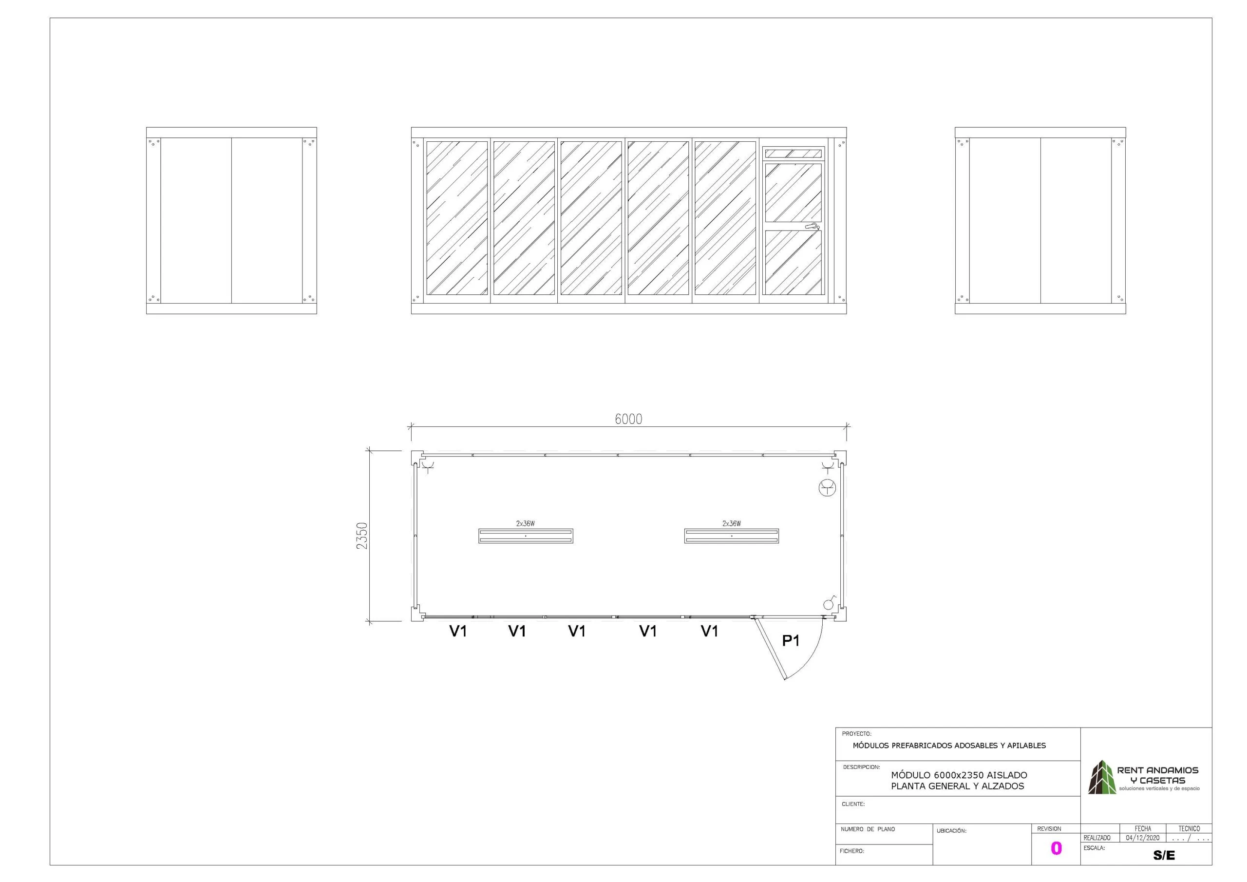 Plano módulo aislado 6000×2350 mm — planta general y alzados