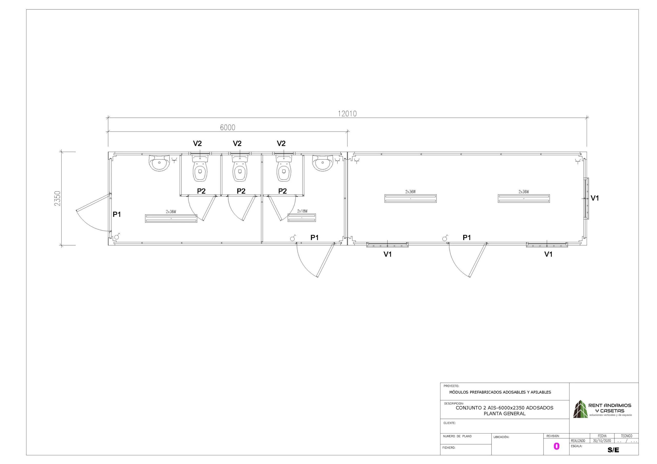 Plano conjunto de 2 módulos adosados 12010×2350 mm — planta general