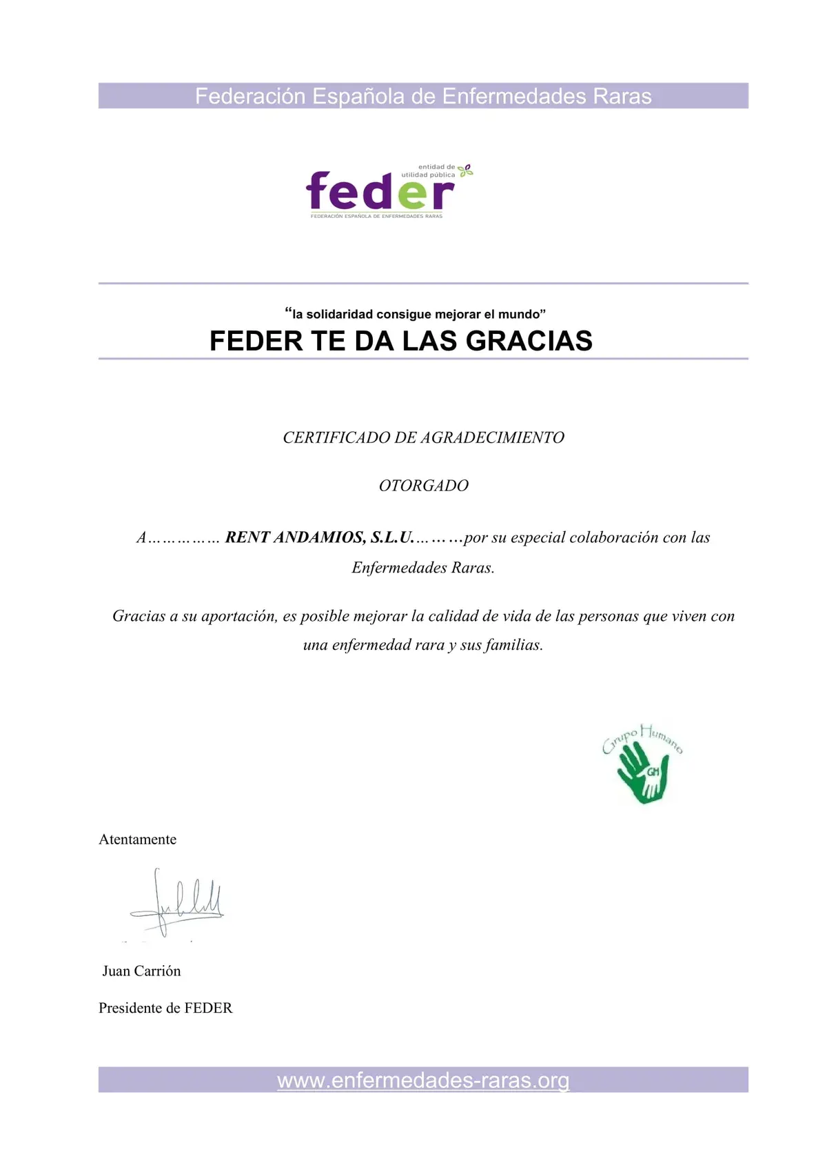 Certificado FEDER Rent Andamios